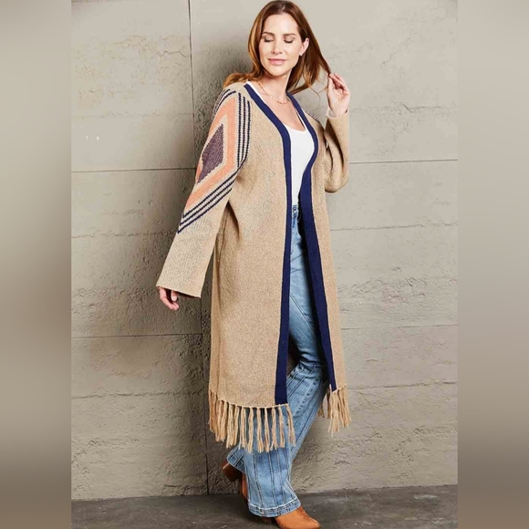 Fringe Retro Geometric Knit Duster Cardigan Sleeve Colorful Open Front Sweater - Picture 12 of 15